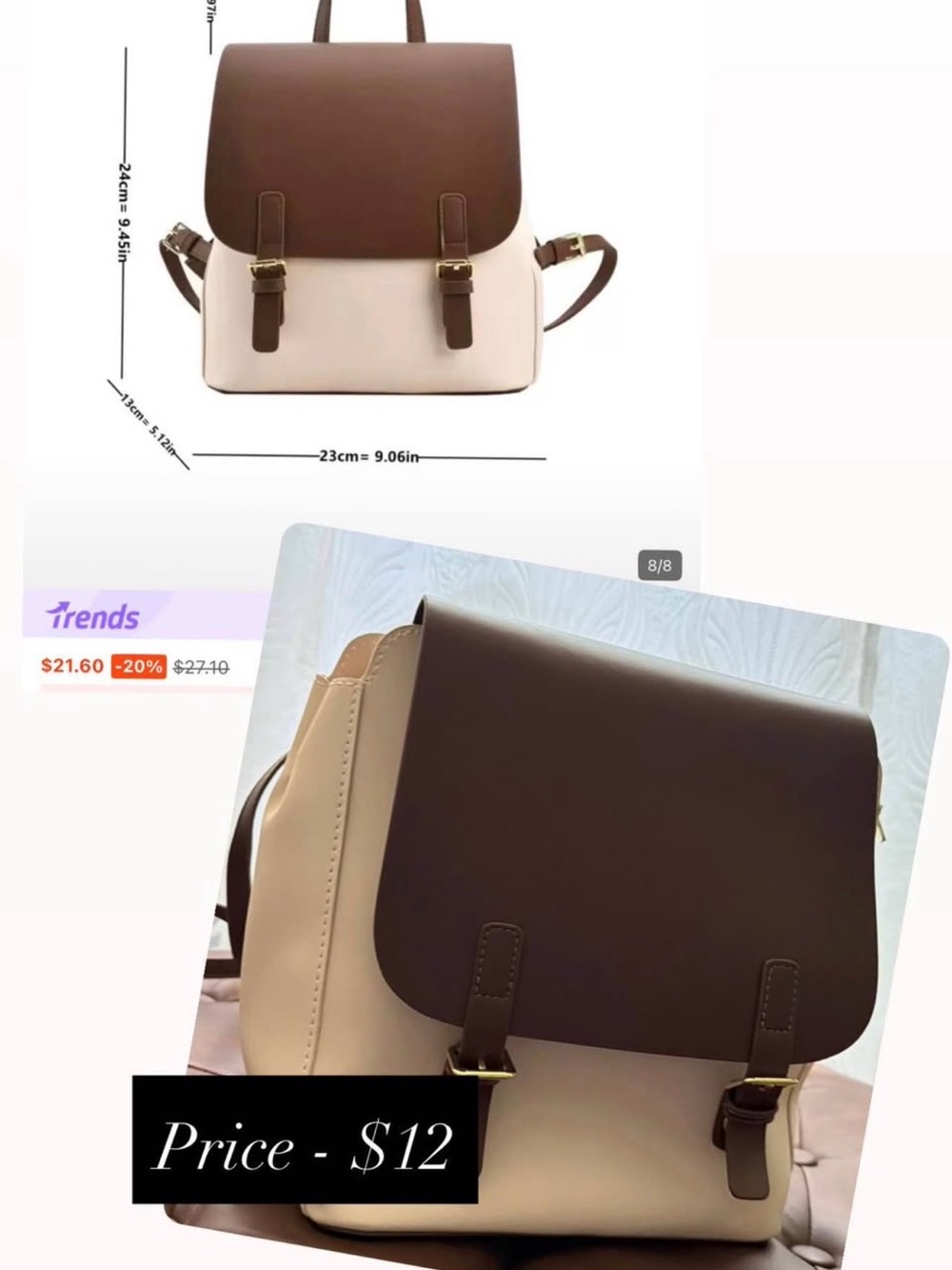 SHEIN Brown and Cream Two-Tone Faux Leather Backpack